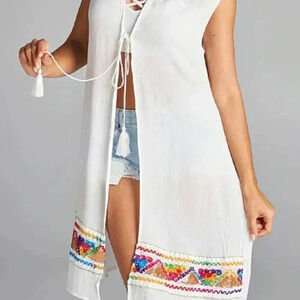 🆕White Embroidered Tassel-Front Open Cardigan 1X🆕